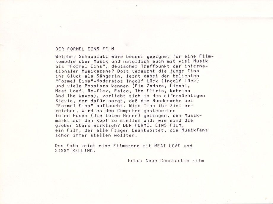 Autogramm Rock (USA) | MEAT LOAF | 1985 Foto "Formel Eins Film" (Portrait SW XL)