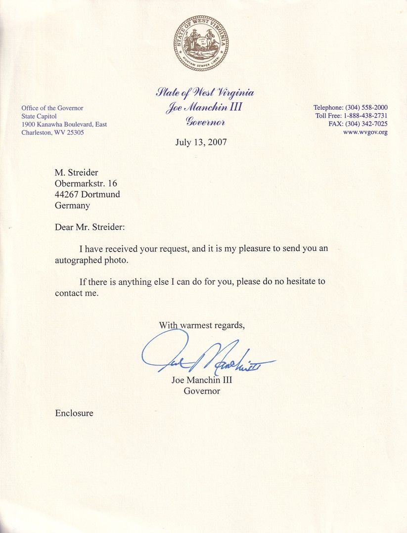Autogramm Politik (USA) | Joe MANCHIN | Gov. WV. | 2007 (Portrait Color XL) + Brief