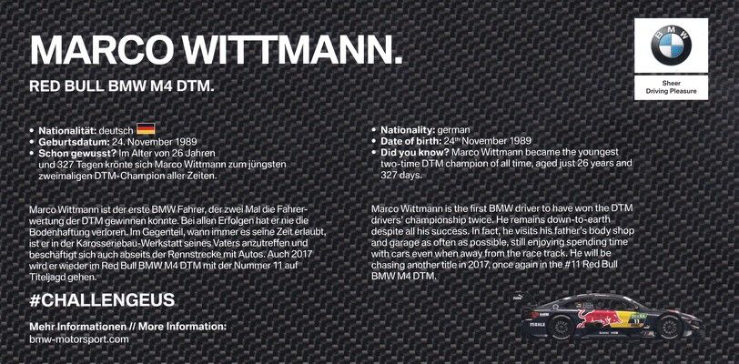 Autogramm Tourenwagen | Marco WITTMANN | 2017 (Portrait Color) BMW