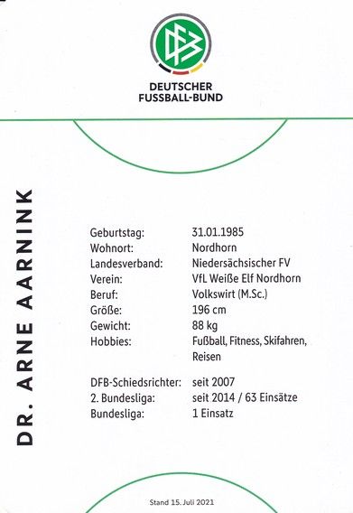 Autogramm Fussball | Schiedsrichter | 2021 Örtliche | Arne AARNINK