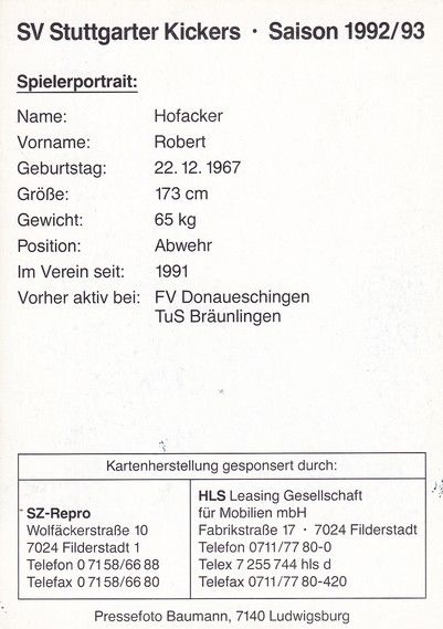 Autogramm Fussball | Stuttgarter Kickers | 1992 | Robert HOFACKER
