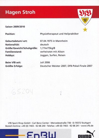 Autogramm Fussball | VfB Stuttgart | 2009 | Hagen STROH 