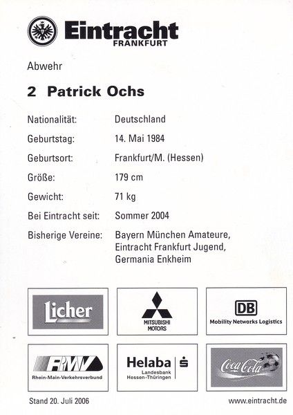 Autogramm Fussball | Eintracht Frankfurt | 2006 | Patrick OCHS