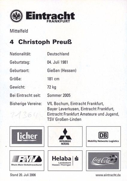 Autogramm Fussball | Eintracht Frankfurt | 2006 | Christoph PREUSS