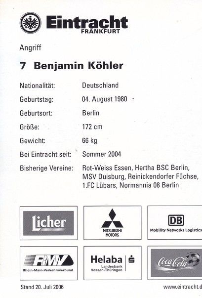 Autogramm Fussball | Eintracht Frankfurt | 2006 | Benjamin KÖHLER
