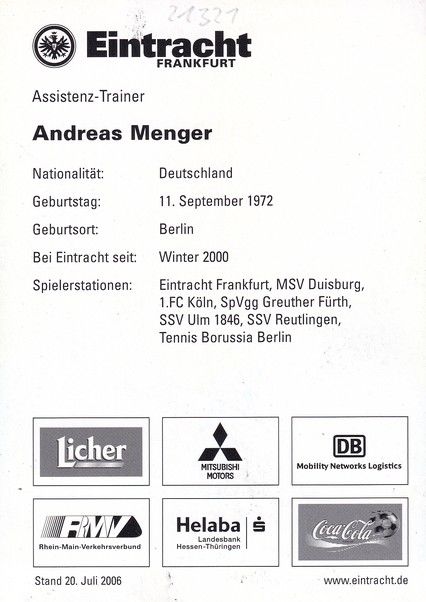 Autogramm Fussball | Eintracht Frankfurt | 2006 | Andreas MENGER