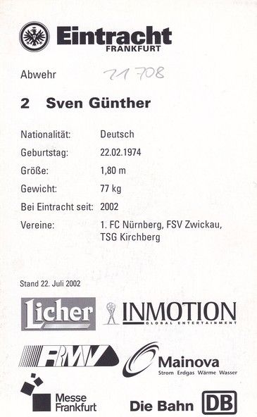 Autogramm Fussball | Eintracht Frankfurt | 2002 | Sven GÜNTHER