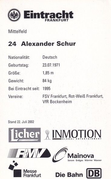 Autogramm Fussball | Eintracht Frankfurt | 2002 | Alexander SCHUR