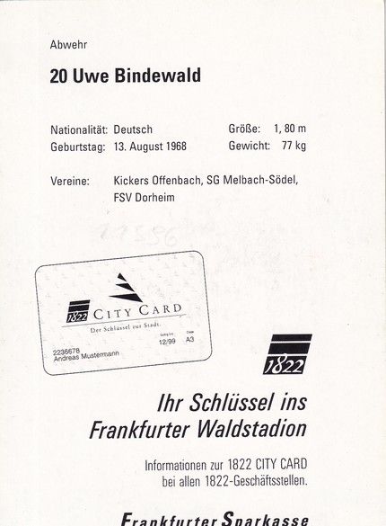 Autogramm Fussball | Eintracht Frankfurt | 1998 | Uwe BINDEWALD 