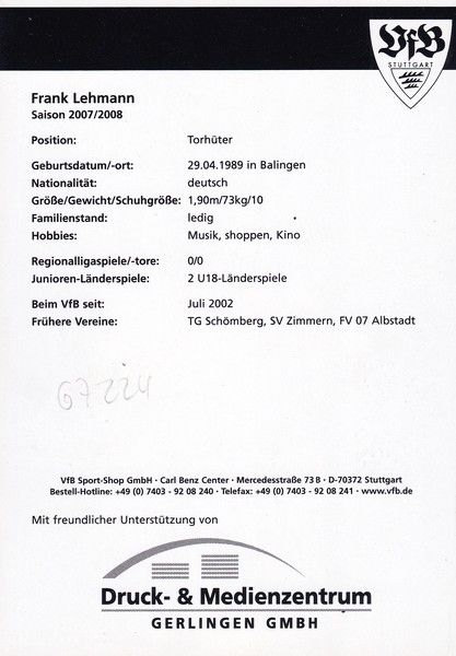 Autogramm Fussball | VfB Stuttgart II | 2007 | Frank LEHMANN
