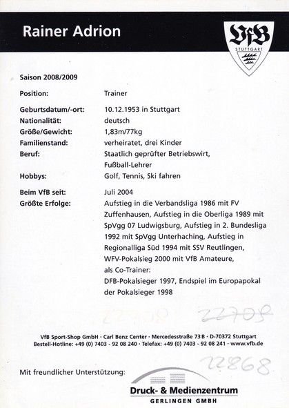 Autogramm Fussball | VfB Stuttgart II | 2008 | Rainer ADRION