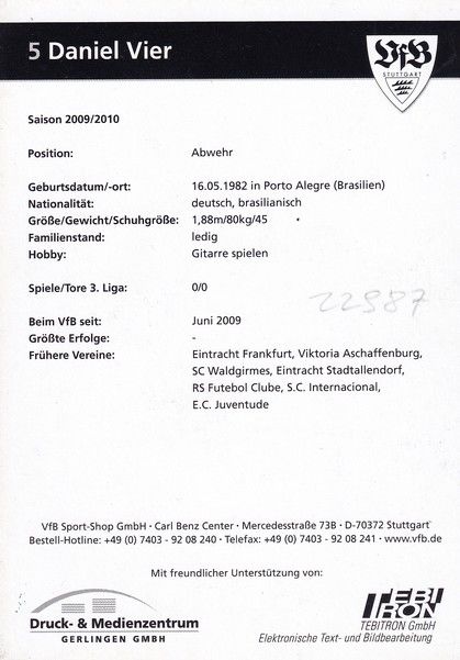 Autogramm Fussball | VfB Stuttgart II | 2009 | Daniel VIER