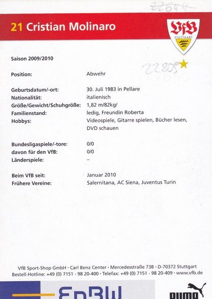 Autogramm Fussball | VfB Stuttgart | 2009 | Cristian MOLINARO