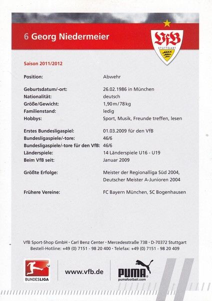 Autogramm Fussball | VfB Stuttgart | 2011 | Georg NIEDERMEIER