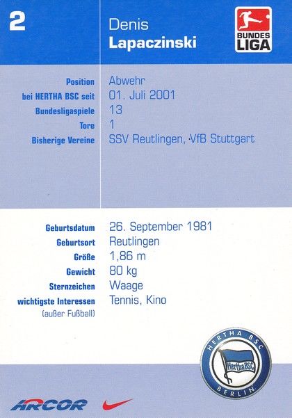 Autogramm Fussball | Hertha BSC Berlin | 2002 | Denis LAPACZINSKI