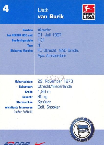 Autogramm Fussball | Hertha BSC Berlin | 2002 | Dick VAN BURIK