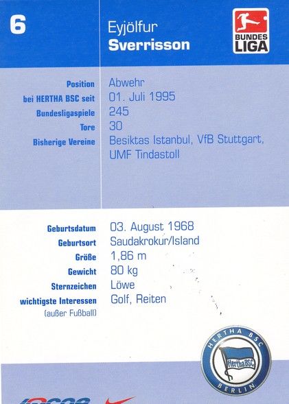 Autogramm Fussball | Hertha BSC Berlin | 2002 | Eyjölfur SVERRISSON