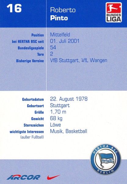 Autogramm Fussball | Hertha BSC Berlin | 2002 | Roberto PINTO