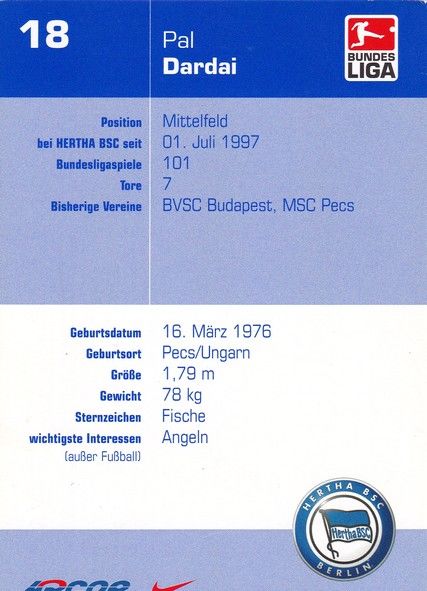 Autogramm Fussball | Hertha BSC Berlin | 2002 | Pal DARDAI