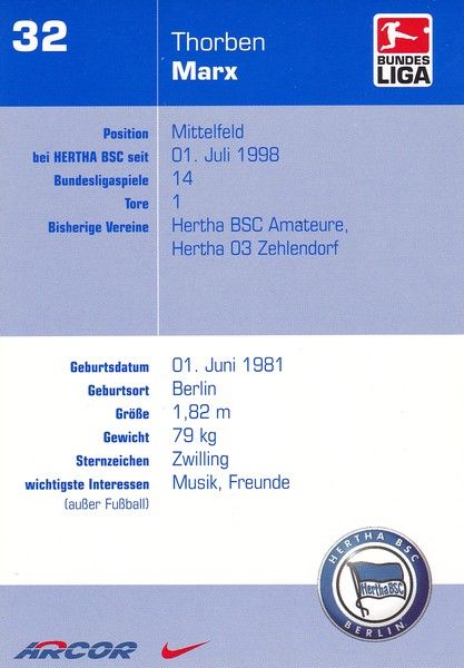 Autogramm Fussball | Hertha BSC Berlin | 2002 | Thorben MARX 