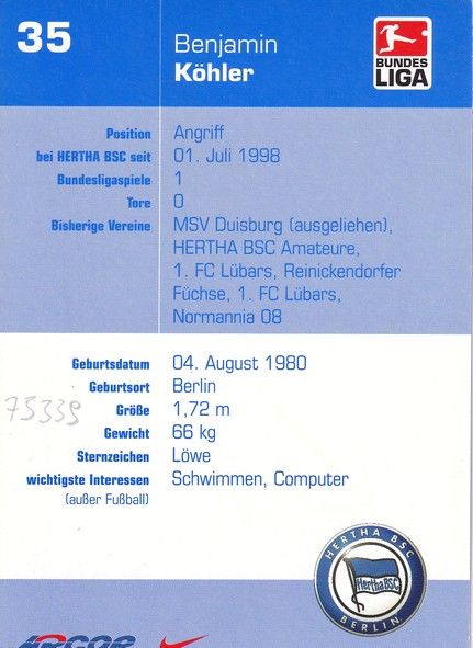 Autogramm Fussball | Hertha BSC Berlin | 2002 | Benjamin KÖHLER