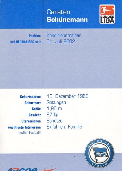 Autogramm Fussball | Hertha BSC Berlin | 2002 | Carsten SCHÜNEMANN