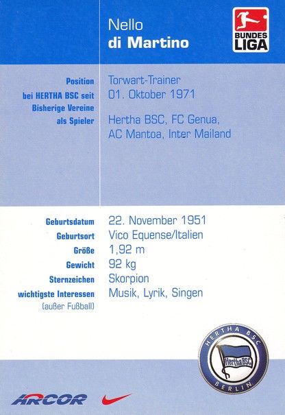 Autogramm Fussball | Hertha BSC Berlin | 2002 | Nello DI MARTINO