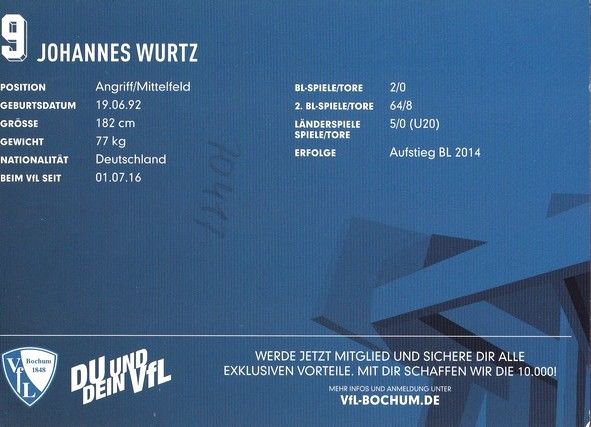 Autogramm Fussball | VfL Bochum | 2016 | Johannes WURTZ