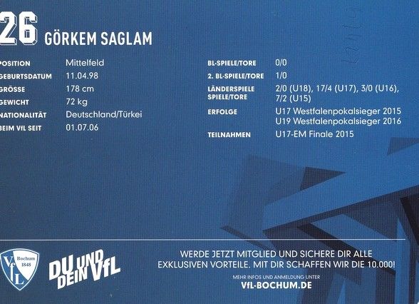 Autogramm Fussball | VfL Bochum | 2016 | Görkem SAGLAM