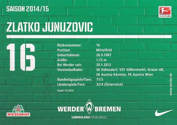 Autogramm Fussball | SV Werder Bremen | 2014 | Zlatko JUNUZOVIC