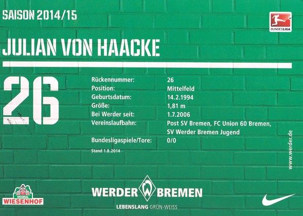 Autogramm Fussball | SV Werder Bremen | 2014 | Julian VON HAACKE