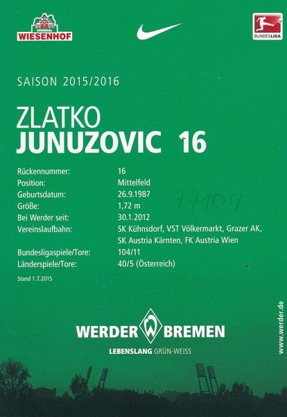 Autogramm Fussball | SV Werder Bremen | 2015 | Zlatko JUNUZOVIC