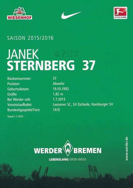 Autogramm Fussball | SV Werder Bremen | 2015 | Janek STERNBERG