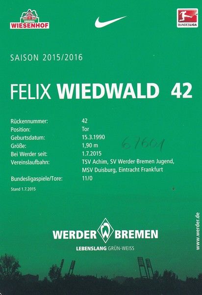 Autogramm Fussball | SV Werder Bremen | 2015 | Felix WIEDWALD