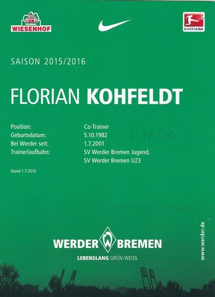 Autogramm Fussball | SV Werder Bremen | 2015 | Florian KOHFELDT