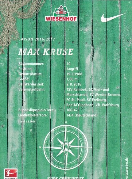 Autogramm Fussball | SV Werder Bremen | 2016 | Max KRUSE