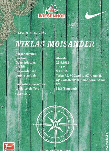 Autogramm Fussball | SV Werder Bremen | 2016 | Niklas MOISANDER