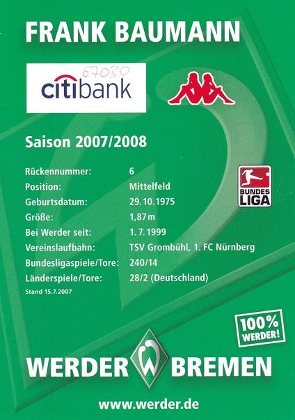 Autogramm Fussball | SV Werder Bremen | 2007 | Frank BAUMANN