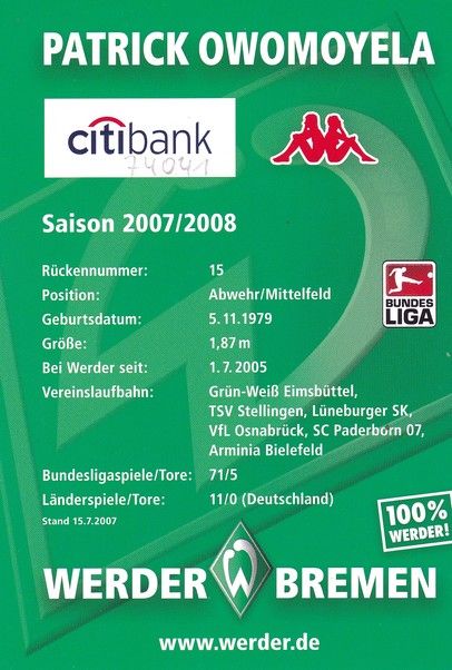 Autogramm Fussball | SV Werder Bremen | 2007 | Patrick OWOMOYELA