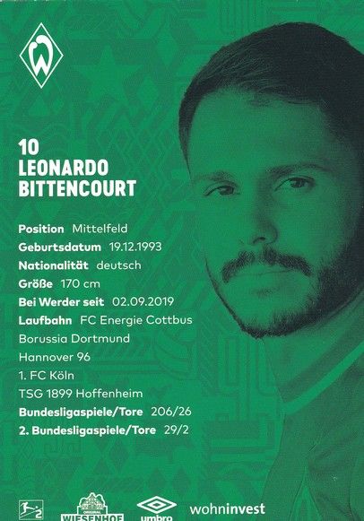 Autogramm Fussball | SV Werder Bremen | 2021 | Leonardo BITTENCOURT