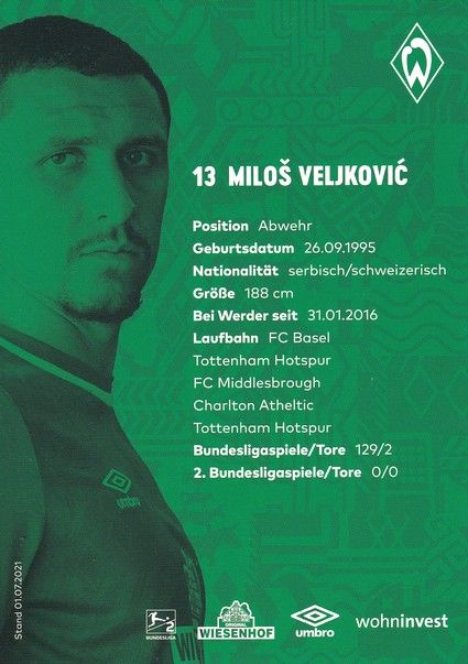 Autogramm Fussball | SV Werder Bremen | 2021 | Milos VELJKOVIC