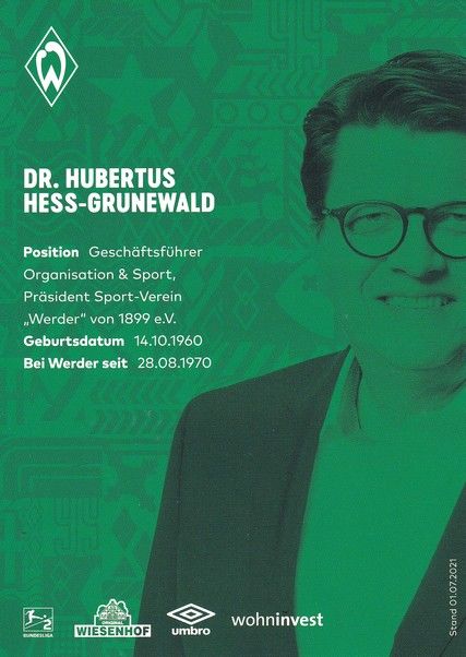 Autogramm Fussball | SV Werder Bremen | 2021 | Hubertus HESS-GRUNEWALD