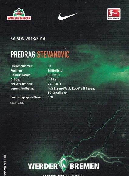 Autogramm Fussball | SV Werder Bremen | 2013 | Predrag STEVANOVIC