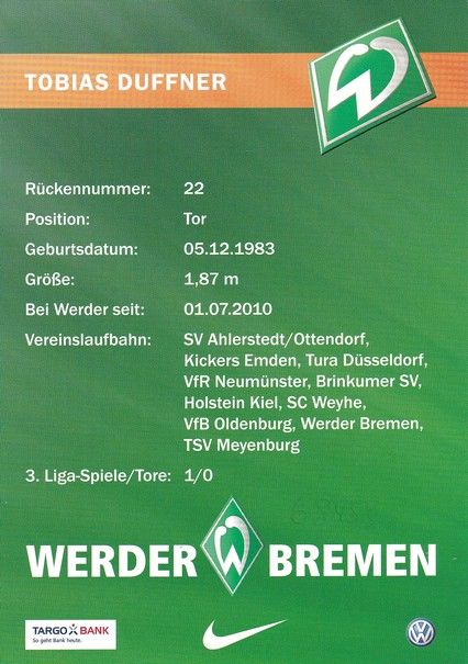 Autogramm Fussball | SV Werder Bremen | 2010 | Tobias DUFFNER