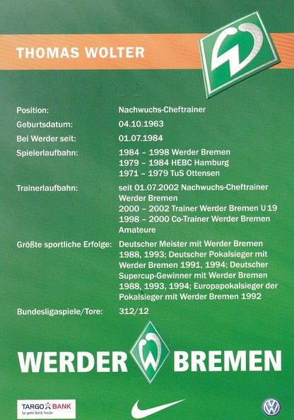 Autogramm Fussball | SV Werder Bremen | 2010 | Thomas WOLTER