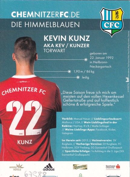 Autogramm Fussball | Chemnitzer FC | 2016 | Kevin KUNZ