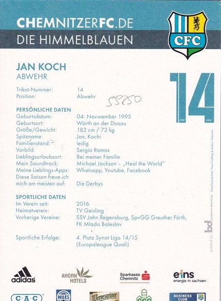 Autogramm Fussball | Chemnitzer FC | 2015 | Jan KOCH