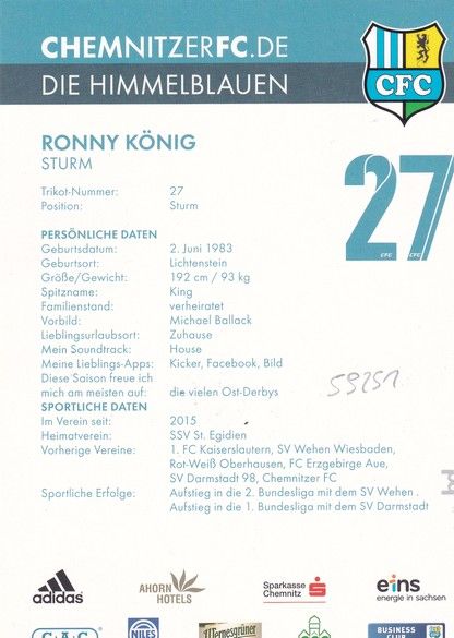 Autogramm Fussball | Chemnitzer FC | 2015 | Ronny KÖNIG