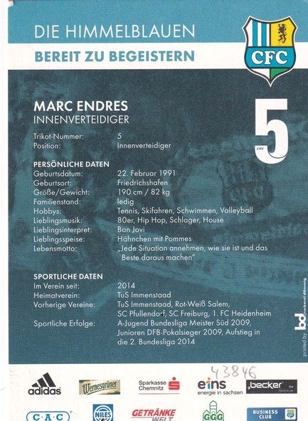 Autogramm Fussball | Chemnitzer FC | 2014 | Marc ENDRES