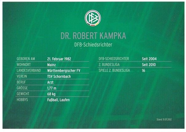 Autogramm Fussball | Schiedsrichter | 2012 Dekra | Robert KAMPKA
